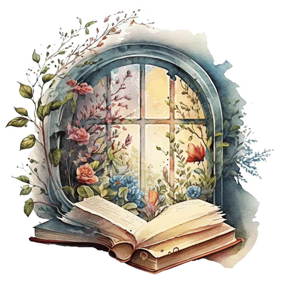 watercolor image of a book in a window