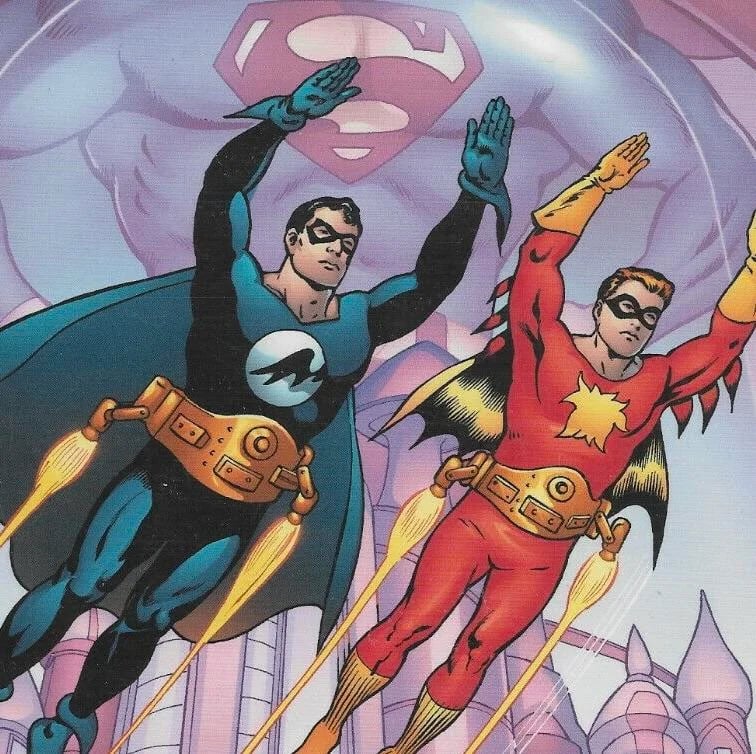 a panel from a comic book depicting two men wearing rocket belts and flying over a city