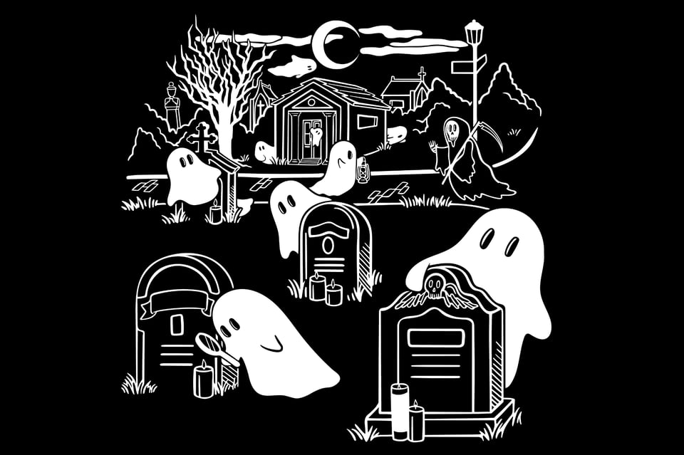 An illustration of ghosts exploring a cemetery