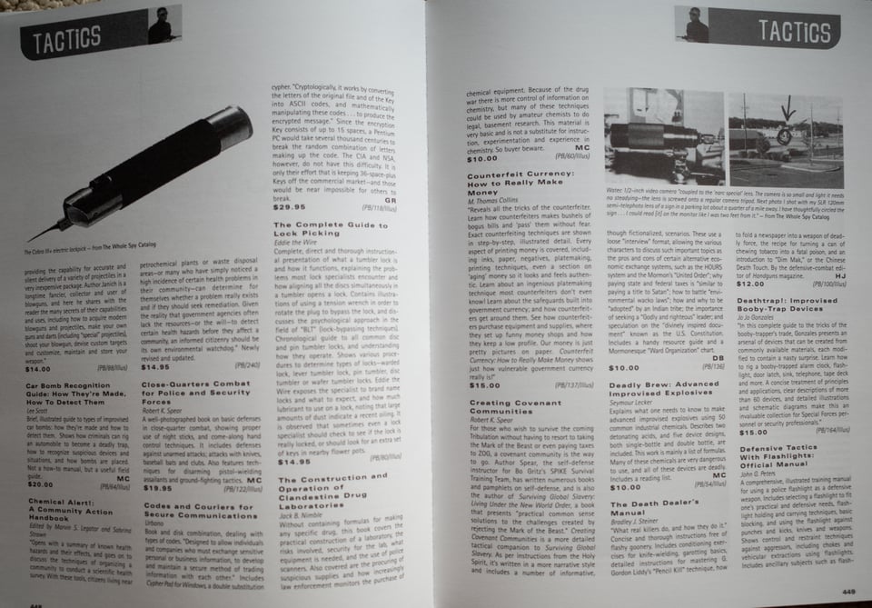 Photograph of a two-page spread of the Amok book, under a subheading "TACTICS", featuring descriptions of books about lockpicking, making explosives, etc.