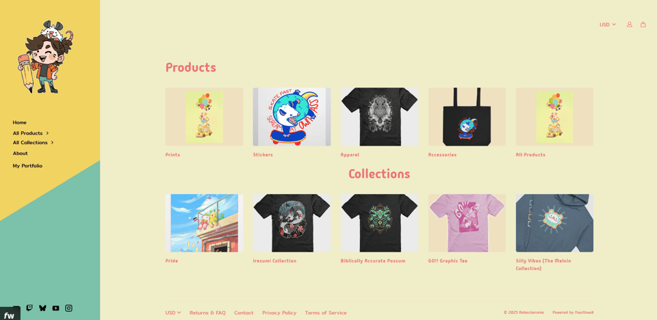 A screenshot of rebeckeronie's shop, full of stickers, prints, sweatshirts, tshirts, tote bags, and other apparel and accessories. Most of the merch features possums or original characters.