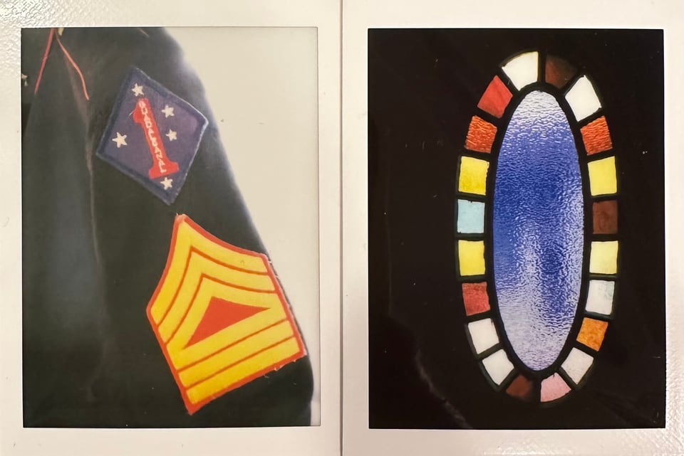 Two Instax photos: left is a close-up of a US Army dress uniform, with a Guadalcanal patch on the shoulder; right is an oval stained-glass window, with a variety of colored panes for the perimeter, and a single purple pane for the interior oval