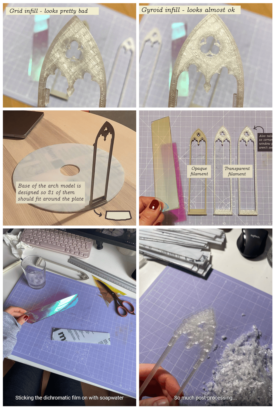 A collage of 6 photos with details of 3D printed window frames and the process.