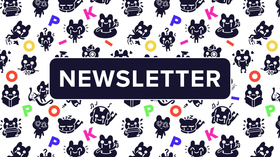 Splash image of our studio mascot, Ini, a dark blue humanoid figure, in various activities, like carrying a large box, slipping on a banana peel, listening to music, and reading. A rounded rectangle in the center reads: Newsletter. Multi-colored letters are interspersed throughout, spelling out the name KO_OP.