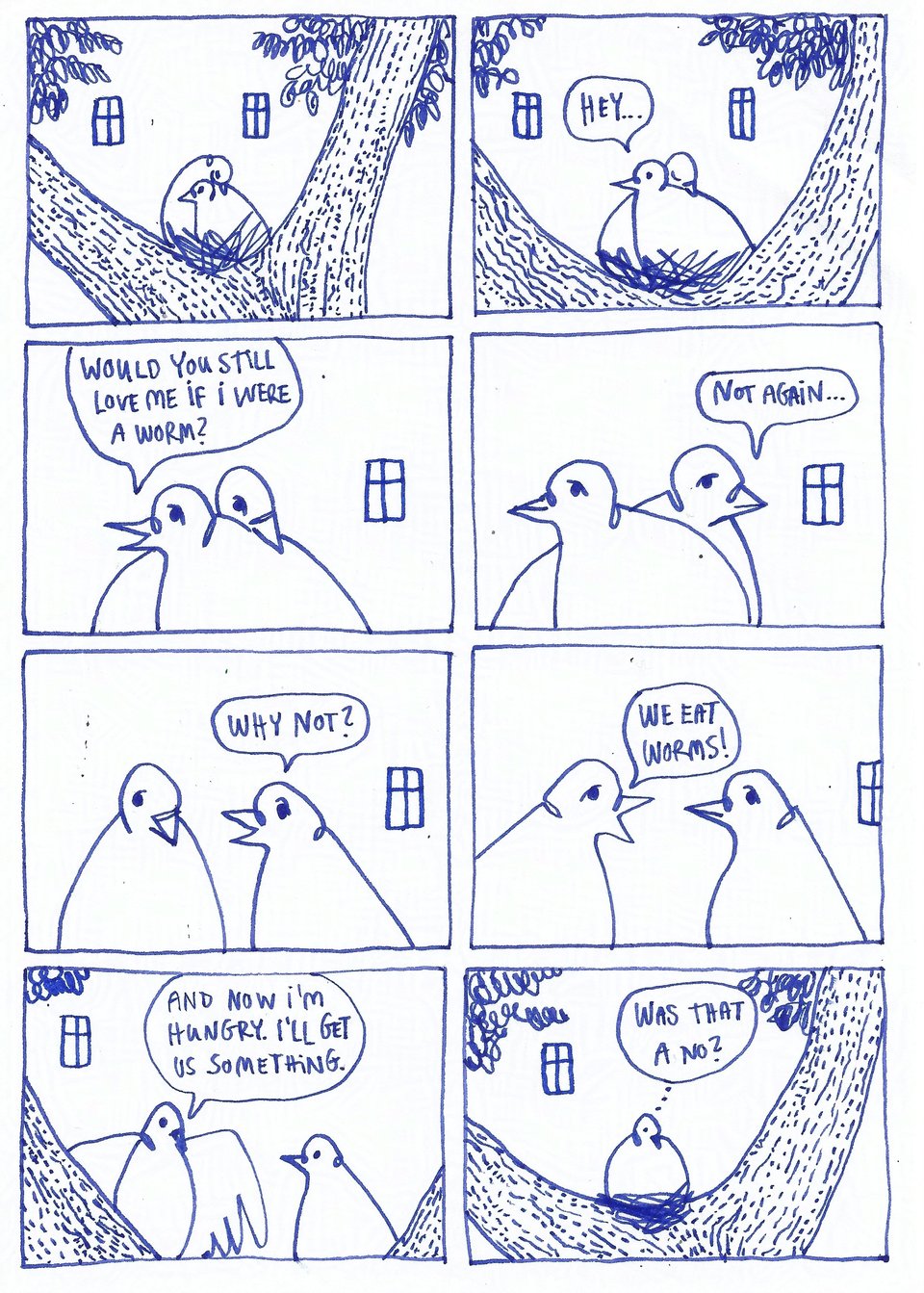 One page of a comic with blue ink about a pigeon couple