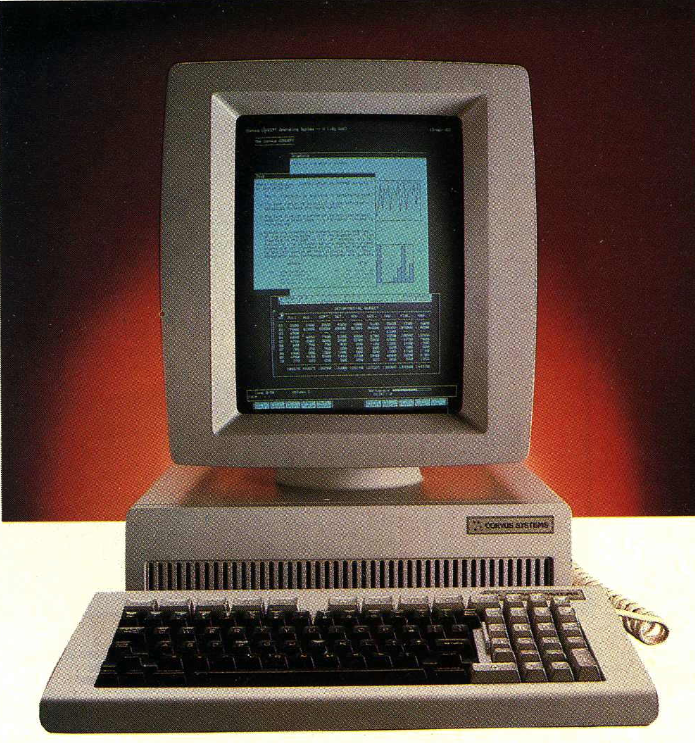 A picture of the Corvus Concept computer with a portrait-orientation screen. Of particular note is the multiple documents visible at the same time on the screen.