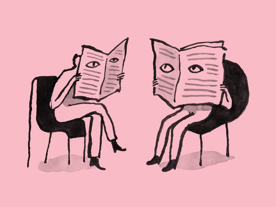 Ink drawing of two people reading newspapers, with eyes out out. They look at each other.