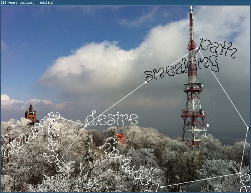 computational poetry postcard showing stylized text on a radio tower with geometric lines