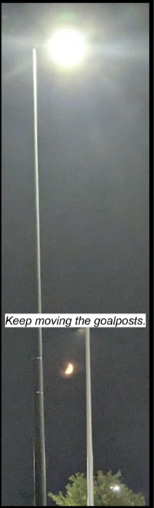 Two light posts in the dark. A waxing moon is between them. Text reads "Keep moving the goalposts."