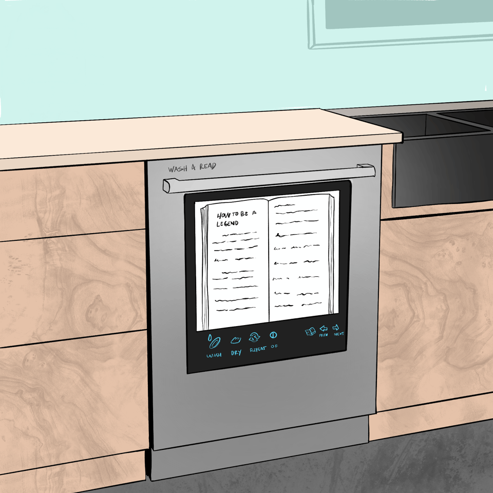 In a sleek modern kitchen is an appliance sitting on the ground under the counter surface which clearly names itself Wash & Read. It has a handle at the top and various buttons at the bottom but in the middle is a screen displaying a book called “How to be a legend”.