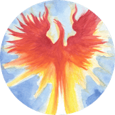 Artwork of a stylised phoenix flying upward