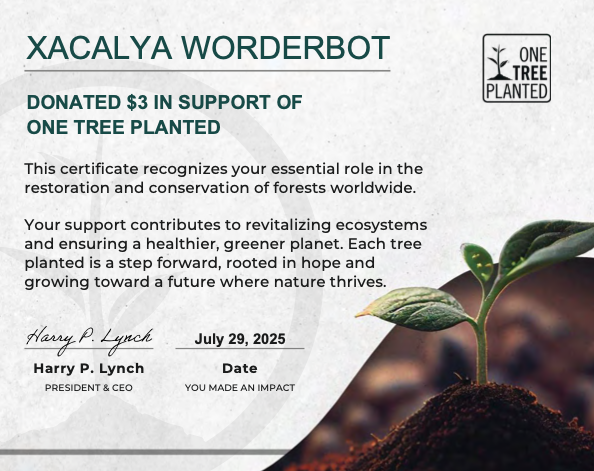 Certificate of donation to One Tree Planted non-profit organization.