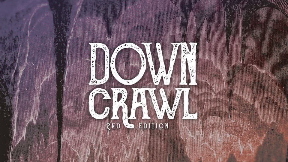 The new logo for Downcrawl 2nd Edition, featuring the title in front of a gloomy cave lit in purpoe and orange, with dangling dark stalactites.