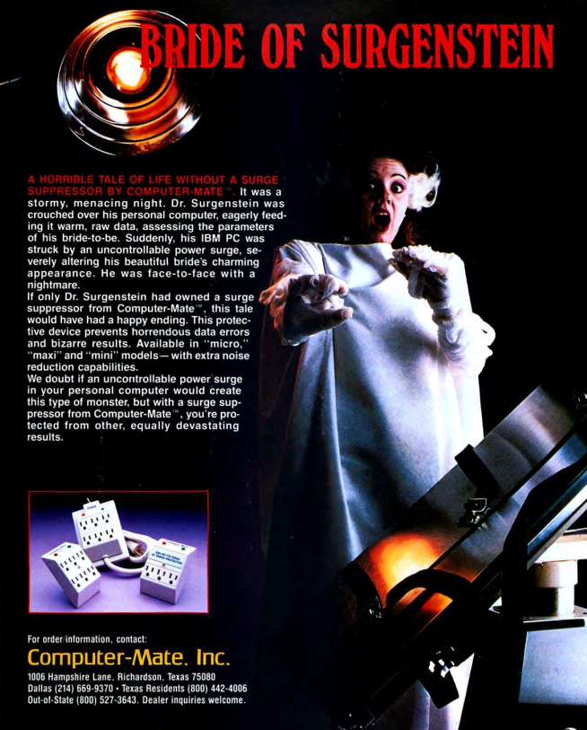 A woman with a streak of grey hair, dressed in a lab coat, and screaming. The headline reads "The Bride of Surgenstein"