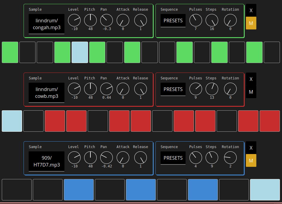 A screenshot of the Euclidean rhythms page which shows three sequencers with different rhythmic patterns and their customizable parameters.