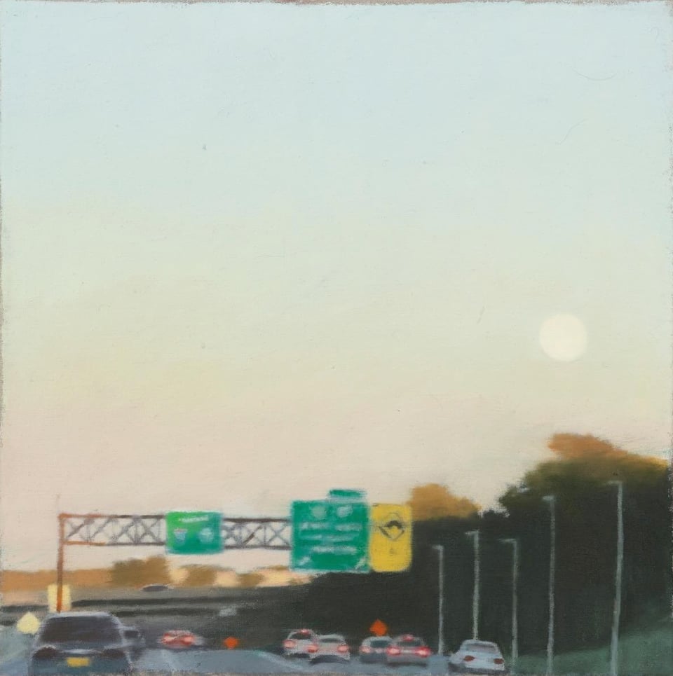 a painting(?) of cars on a highway. Most of the image is taken up by a late-afternoon sky. The image is blurry and dream-like