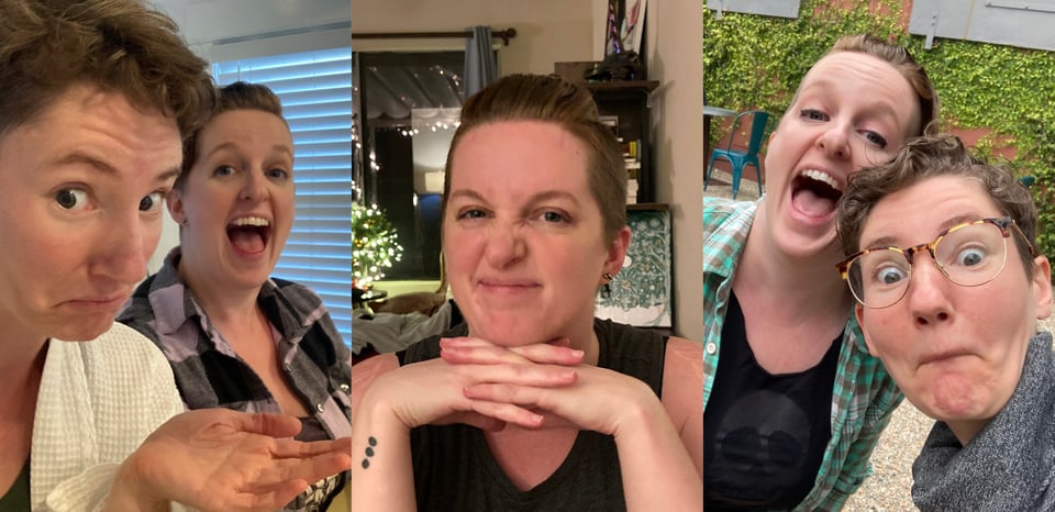 Three photos of Lucy and Sarah Gailey pulling faces together