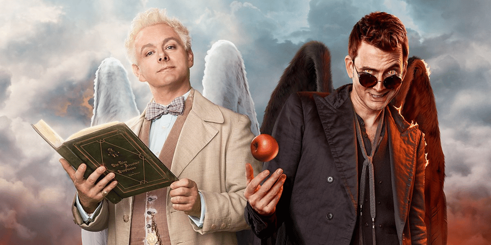 David Tennant and Michael Sheen as Aziraphale and Crowley.