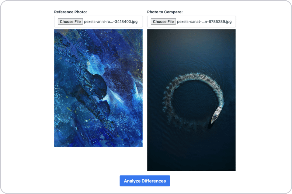 An app which compares two images. One on the left of a blue ocean, one on the right of a speedboat making a circle in the water