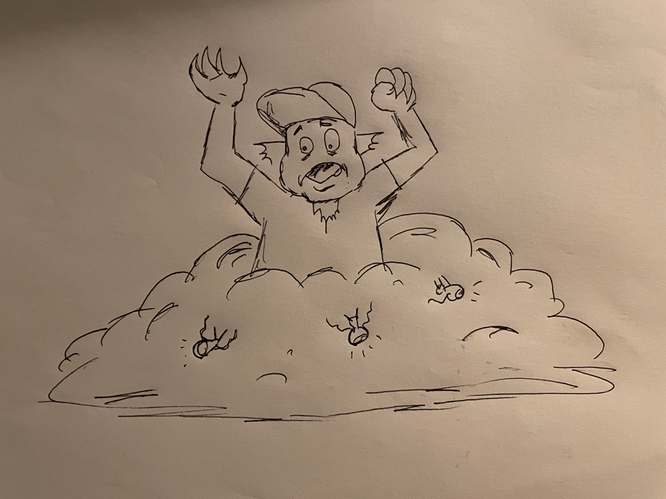A cute little alien with a baseball cap sits in a cloud alarmed by bugs with tentacles