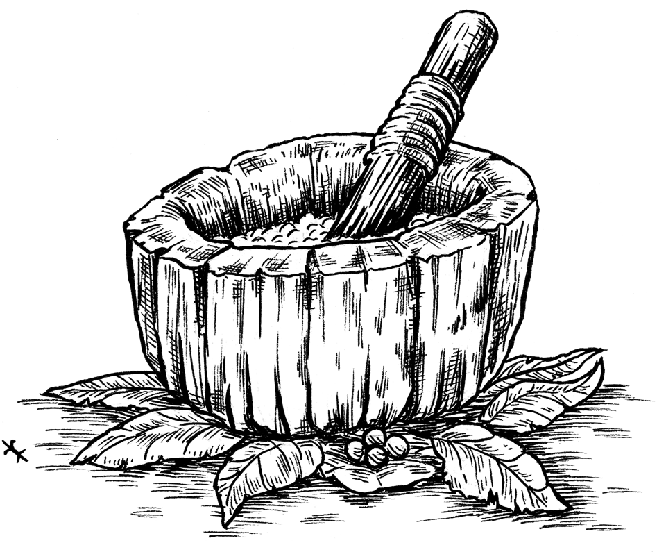 Image of a bowl and a pressing stick to prepare oitments. made in black and white artwork.