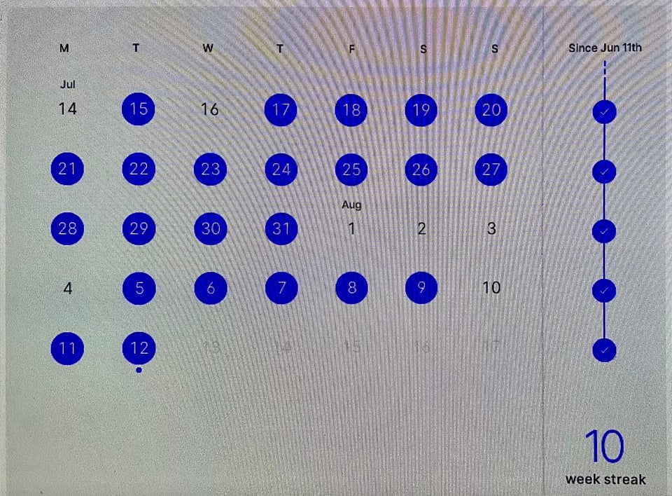 A screenshot from a Peloton shows a 10-week activity street, and workouts done in 23 of the last 30 days