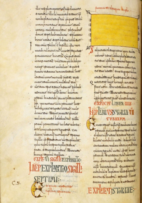 A picture of an antique bible, written in very neat calligraphy script. There are two columns of text, and at the top of the second column is a yellow rectangle covering what appears to be occluded text.