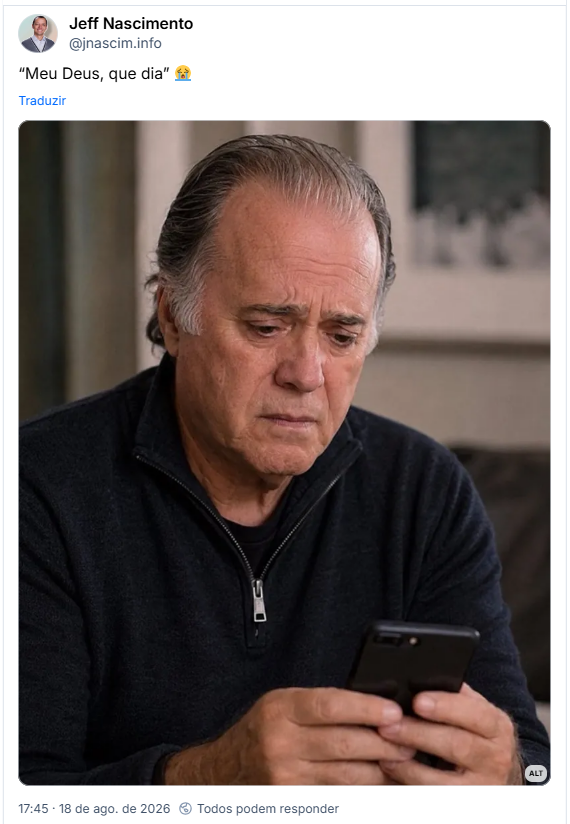 Post de Jeff Nascimento (@jnascim.info): “Meu Deus, que dia” 😭
(Imagem de Tony Ramos, triste, olhando pro celular)