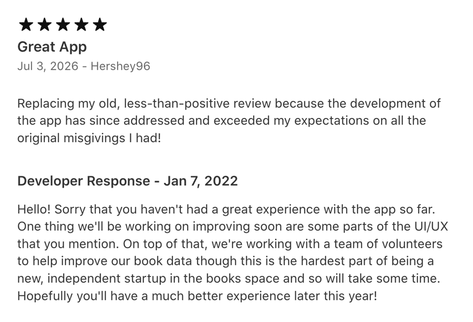 Screenshot of a five-star app review titled "Great App." The reviewer explains they replaced an older negative review because the app has since addressed and exceeded their expectations. The screenshot also shows the original developer response from January 2022 beneath the review.