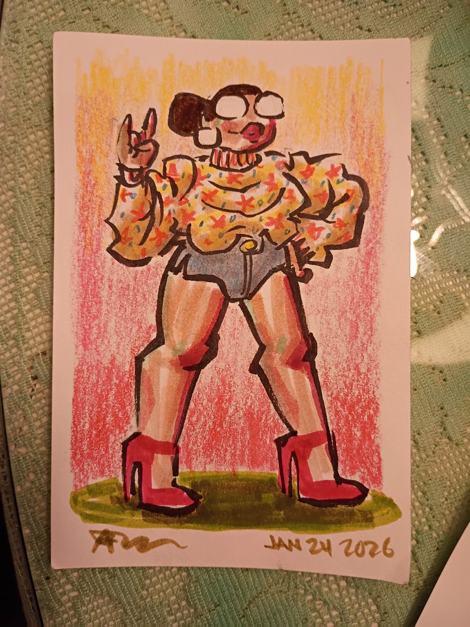 Drawing of Val in a lumpy sweater, short shorts, and heels