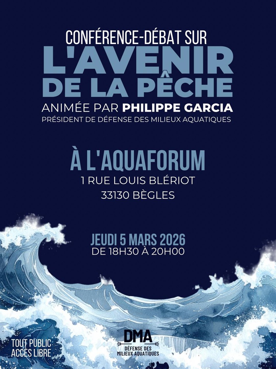 Conférence-débat sur l'avenir de la pêche maritime, jeudi 5 mars 2026 à l'Aquaforum, 1 rue Louis Blériot à BÈGLES (33130), proposée par Terre et Océans.