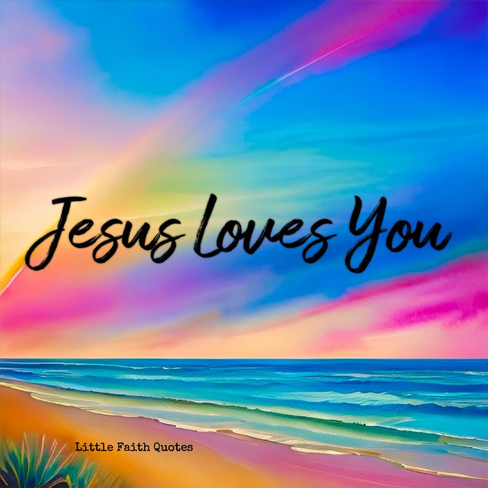 Jesus loves you. 🥰. Hot pink, blue, and yellow clouds streak across a sunset sky. Blue and green waves crash against an empty beach. It's a peaceful scene. Image by: @Little Faith Quotes.