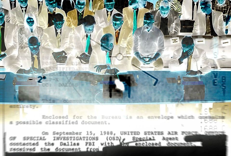 a glitchy photo montage of men in business suits overlaid with official-looking documents