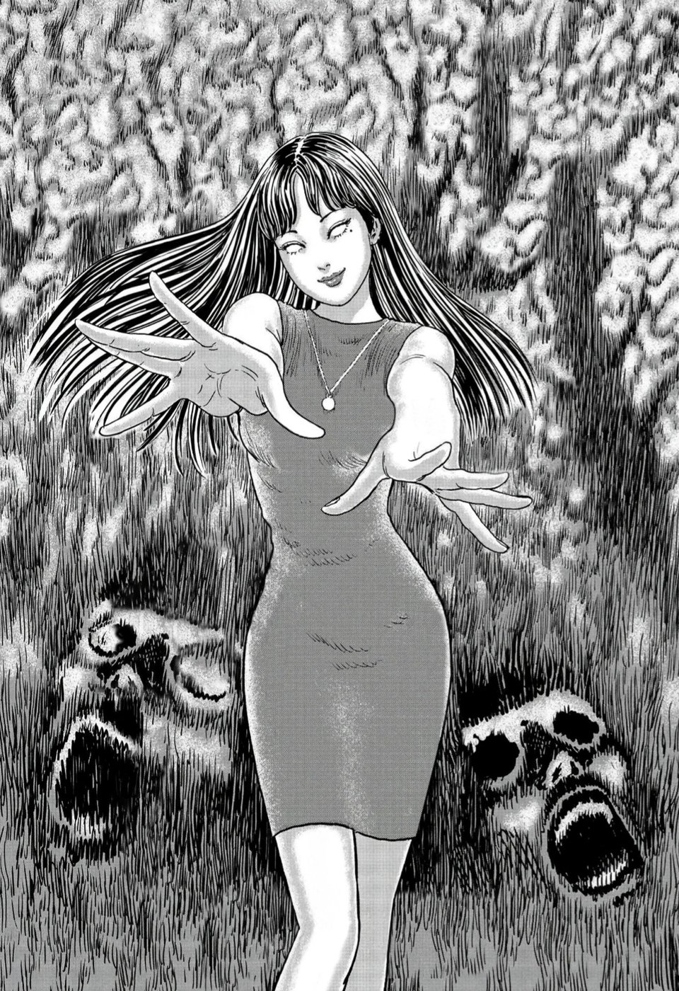 A full-body illustration of Tomie reaching for the viewer