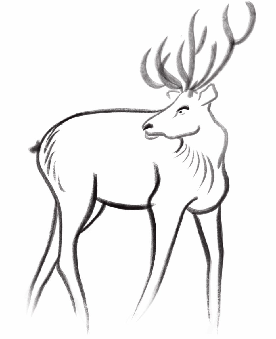 A brush painting of a stag with large antlers, looking backwards over his shoulder. His legs fade out towards the bottom as if there's low mist coming up from the ground.