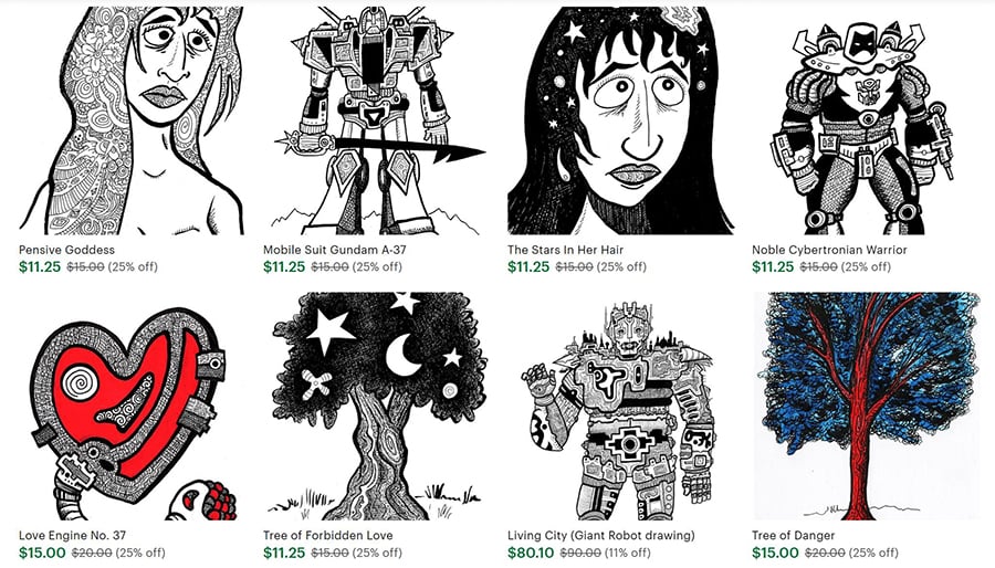 A screenshot of part of my Etsy shop, showing 8 thumbnails of different drawings on sale. There are two sad women with mystical hair, three robots, two trees, and a high-tech heart.