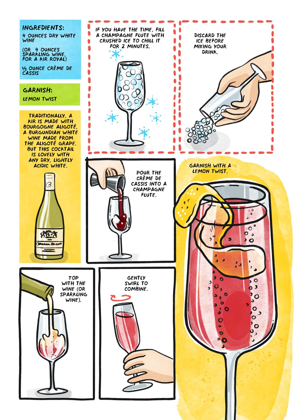 4 ounces dry white wine (or sparkling wine, for a kir royal)
1/2 ounce Crème de Cassis
Garnish: lemon twist

Chill a champagne flute for 2 minutes before mixing this drink. 

Add the creme de cassis to the chilled glass.

Top with the wine (or sparkling wine).

Gently swirl to combine.

Garnish with a lemon twist.