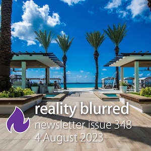 A boardwalk with two pergolas leading to four tall palm trees, the beach, and the ocean beyond