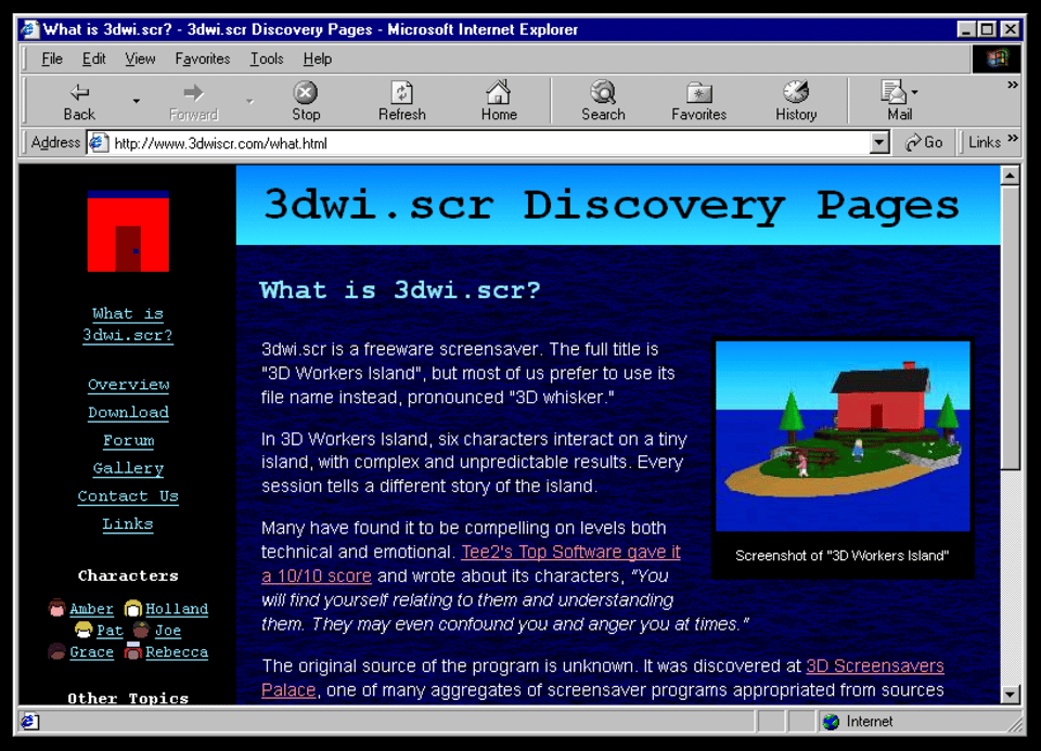 A screencap of a fictional website, a vintage-looking page titled "3dwi.scr Discover Pages"