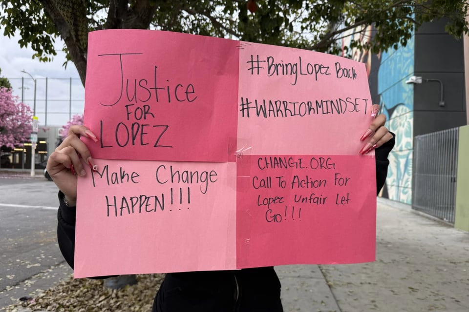 Red and pink pieces of paper with the message:

Justice
FOR LOPEZ
Mahe Change
HAPPEN!!!
#Bring Lopez Back
#WARRIORMINDSET
CHANGE. ORG
Call To Action for Loper Unfair Let Go!!!