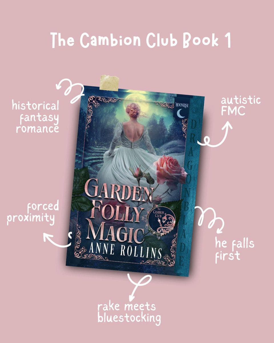 Heading at the top says "Cambion Club Book 1."  In the center of the graphic is a book cover for “Garden Folly Magic” by author “Anne Rollins.” The book features a woman in a dress facing away from the viewer. White arrows radiate out from the book to tropes printed in white. Tropes read, clockwise from top left: “Historical fantasy romance,” “autistic FMC,” “he falls first,” “rake meets bluestocking, and “forced proximity.”