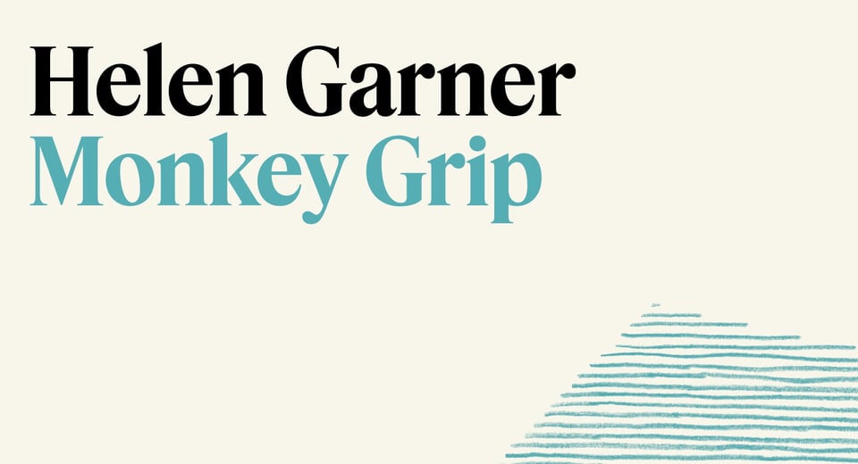 Part of the cover image of Monkey Grip, author name and title in Black and teal text, some stray illustrated lines of colored pencil in teal in the lower right corner