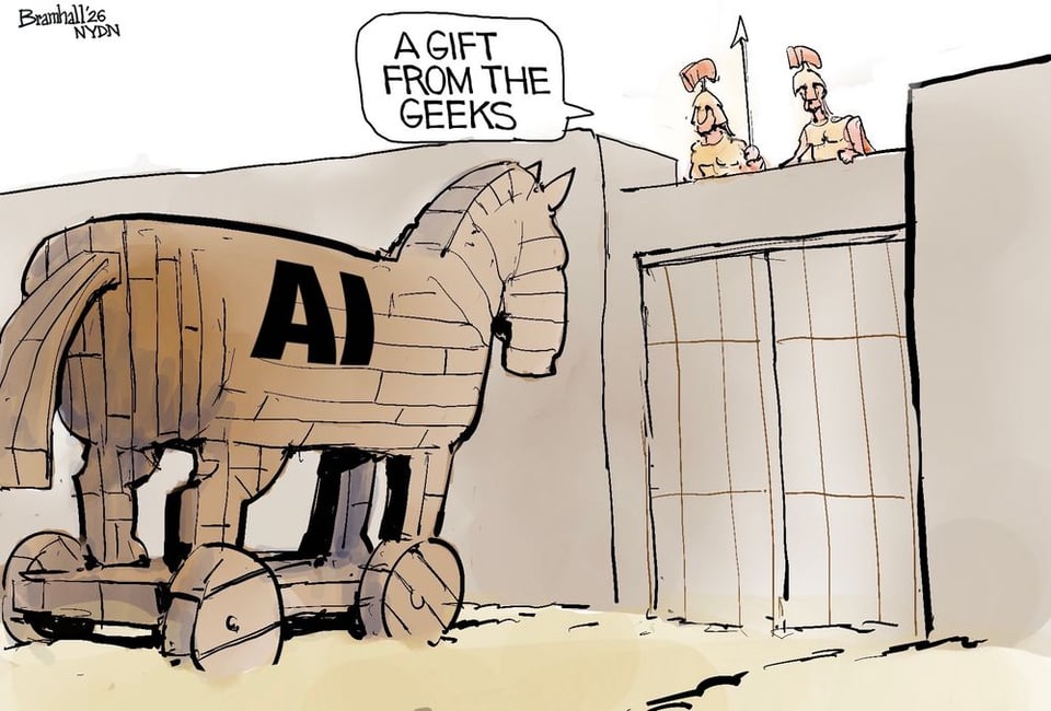 An cartoon of a Trojan horse with AI on the side approaching a gate. Two soldiers lean over the gate, and one says “A GIFT FROM THE GREEKS.”