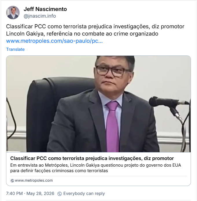 Post de Jeff Nascimento (@jnascim.info)
Classificar PCC como terrorista prejudica investigações, diz promotor Lincoln Gakiya, referência no combate ao crime organizado
Post contém um link:
https://www.metropoles.com/sao-paulo/pcc-terrorista-prejudica-investigacoes