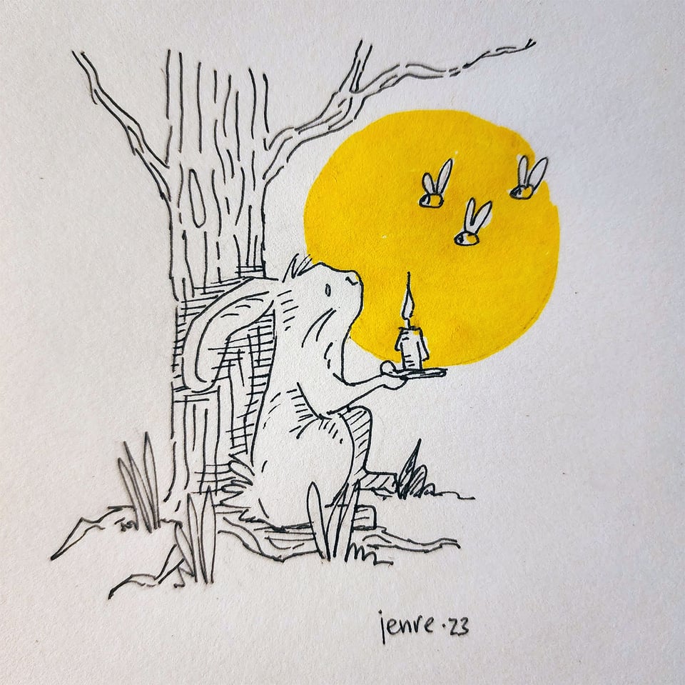 Pen and ink drawing of a bunny holding a candle. Three fireflies hover nearby creating a small circle of warmth in the forest.