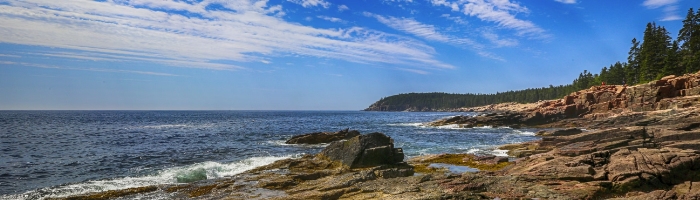 streaks of clouds over a rocky coastline with evergreen trees