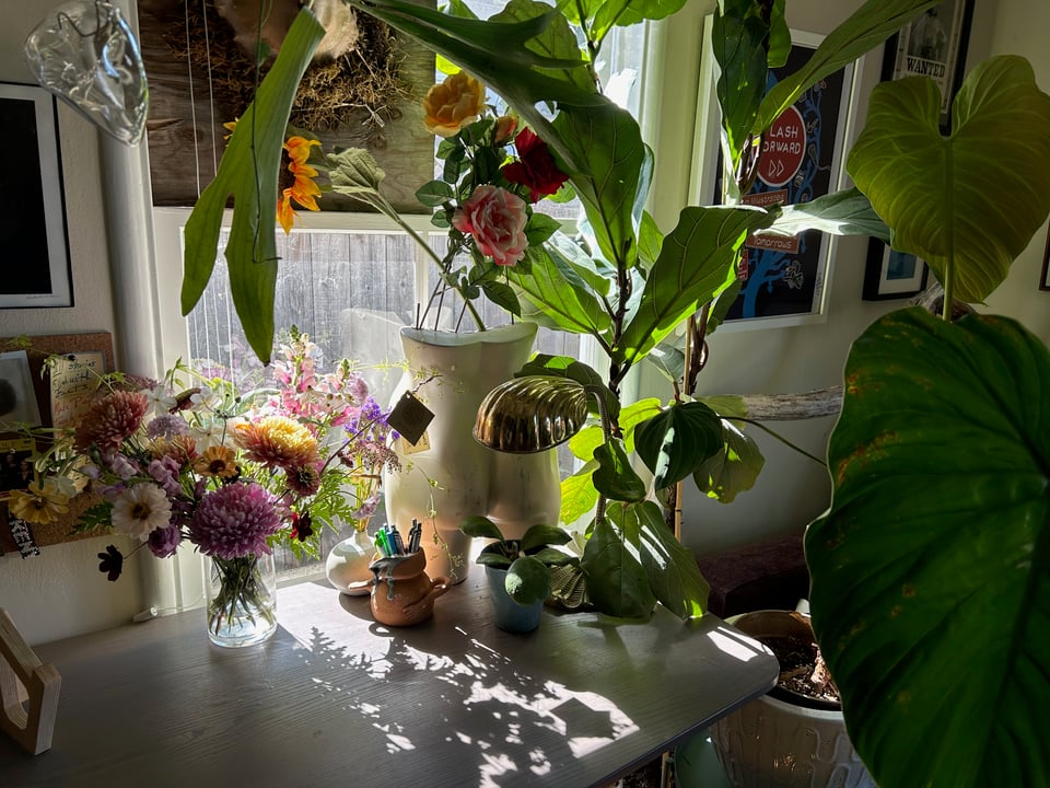 A photo of a desk surrounded by plants with a pretty bouquet on it.