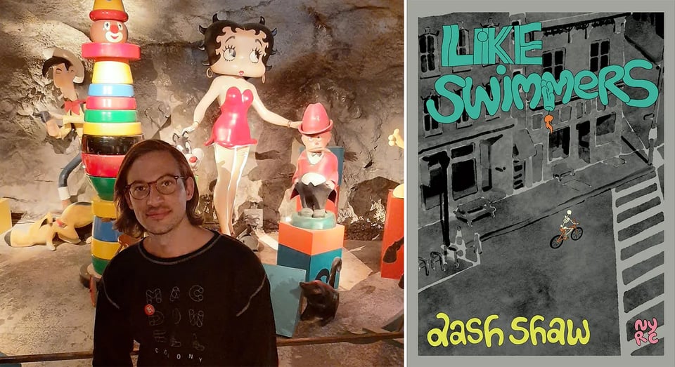 Two images side by side: left, photo of artist Dash Shaw in some sort of cave with various old cartoon sculptures behind him • right, cover of Dash Shaw's graphic novel, LIKE SWIMMERS, feat. a painting of COVID-era downtown Richmond, VA, with a skeleton riding a bicycle down the street