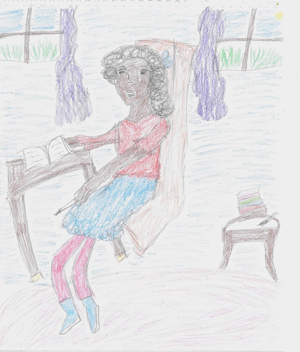A young Black woman writes at her desk with a pen in her hands, and she has a thoughtful expression on her face. She wears a red shirt and blue skirt, and her book lies on the desk.