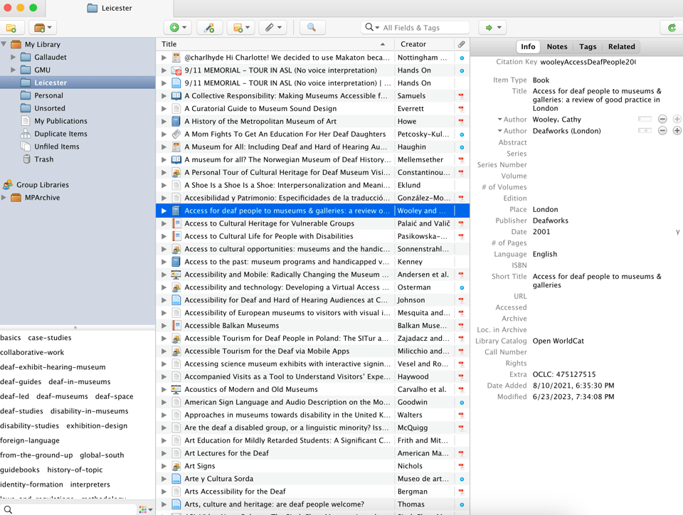 A screenshot from Zotero, listing dozens of articles about deaf people in museums.